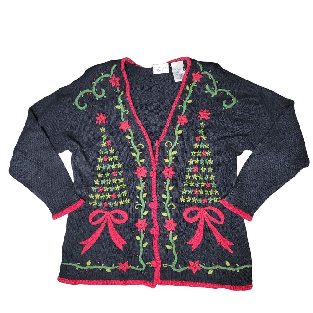 Kathy Lee vintage knit ugly Christmas sweater Christmas tree button up SZ large
